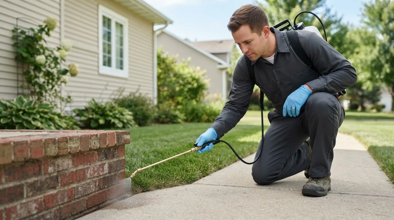 Pest control technician treating a home near Watson, MO